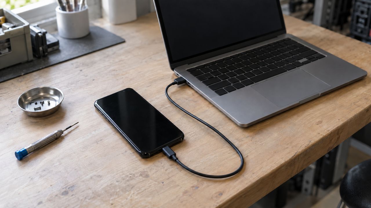 Bancada de assistência técnica com notebook, celular ligado por cabo USB e ferramentas de precisão.