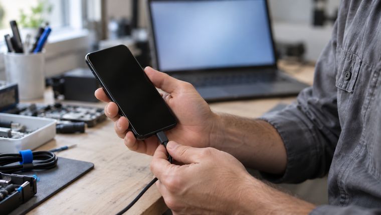 Técnico segurando um celular ligado por cabo USB sobre a bancada.
