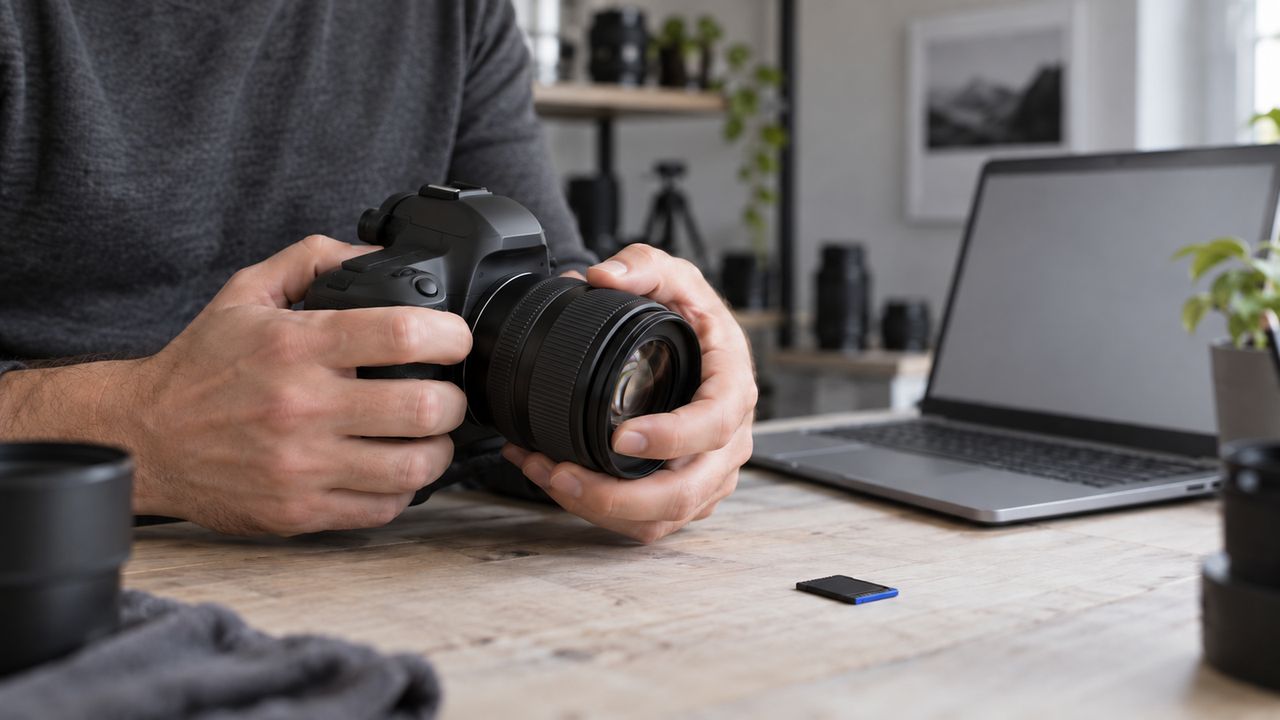 Mãos conferindo uma câmera fotográfica sobre a mesa, ao lado de um notebook e um cartão de memória.