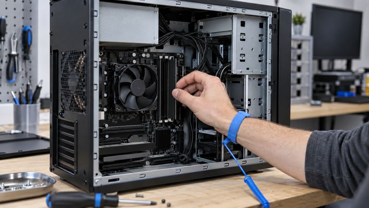 Gabinete de computador aberto, com as placas internas à mostra.